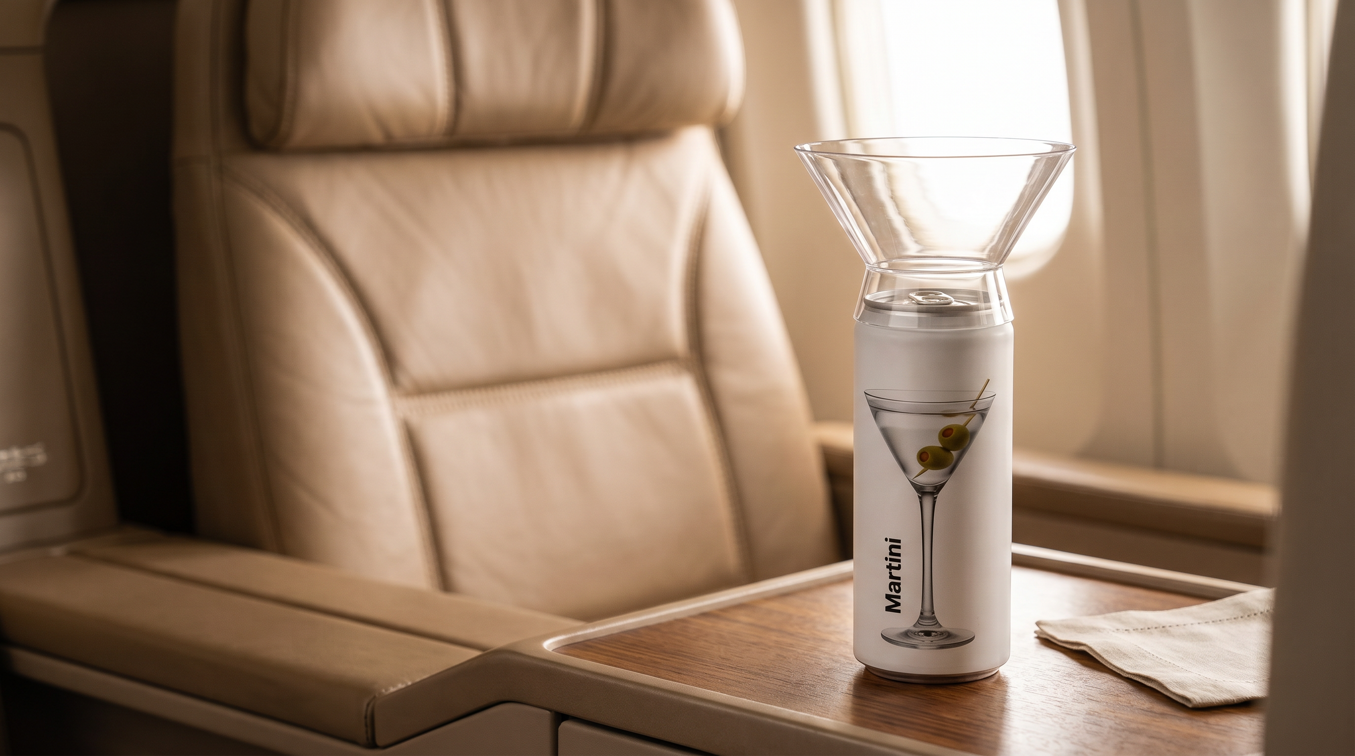 GlassTop Martini accessory in a premium travel cabin setting
