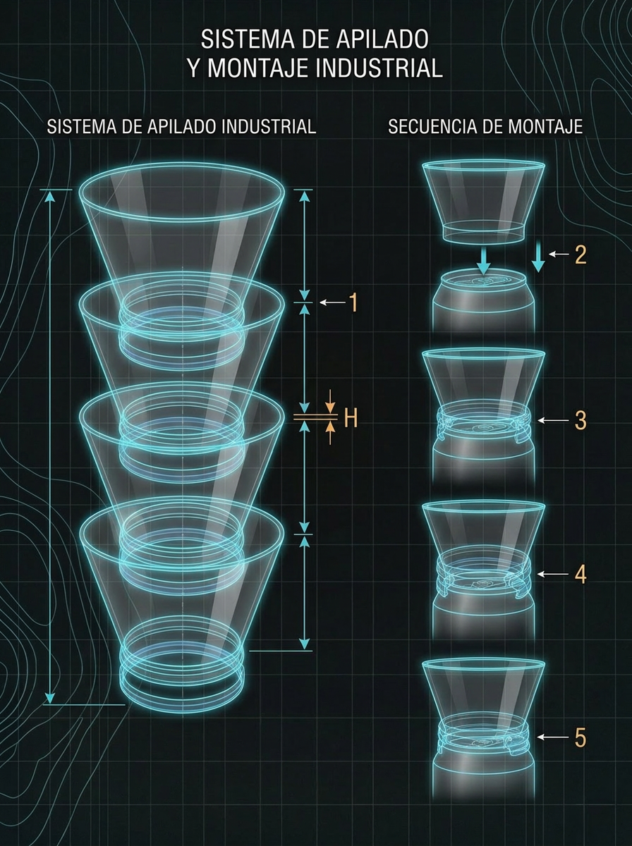 GlassTop industrial stacking system and assembly sequence diagram