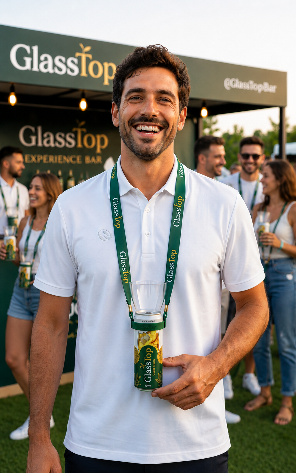 GlassTop personalized neck strap worn at a branded event